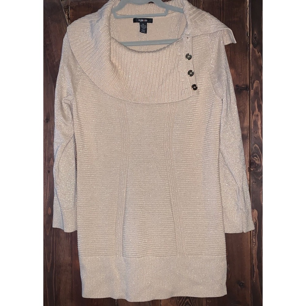 Style & Co Ribbed Button Cowl‎ Neck Tunic Sweater Metallic Gold XL WPL8046 EUC